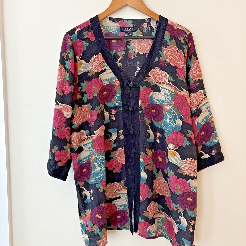 Citron Santa Monica Asian Print Silk Kimono Button Front Blouse Black Pink 1X